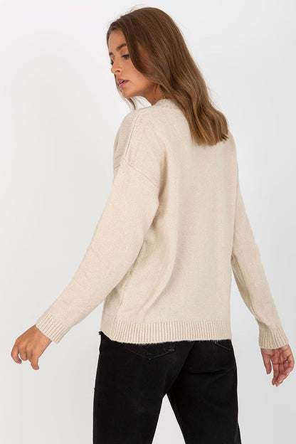 Elegant Women's Long Sleeve Sweater with Heart Neckline by Rue Paris - A detailed rear view of the model in the beige sweater, highlighting its comfortable fit and premium design.