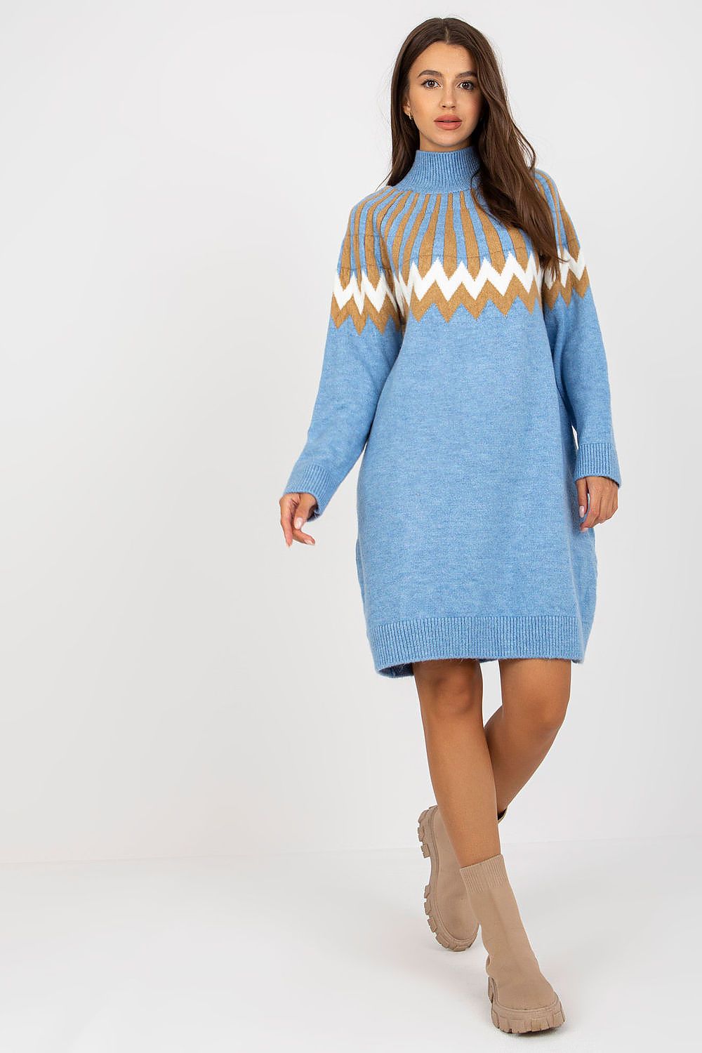 Luxurious Geometric Pattern Knitted Daydress with Long Sleeves and Turtleneck by Rue Paris, showcasing a soft blue hue and elegantly designed with decorative geometric patterns.