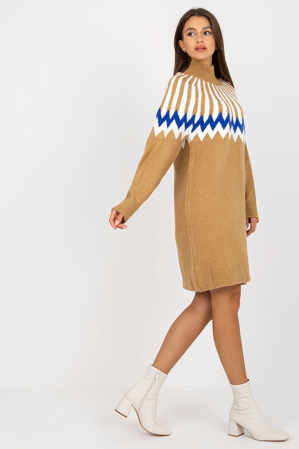 Elegant geometric pattern knitted daydress with long sleeves and turtleneck by Rue Paris, showcased in a rich camel tone paired with chic white ankle boots.