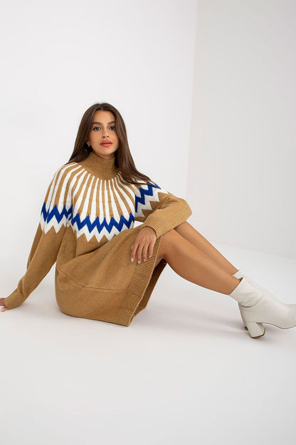 Luxurious knitted daydress featuring a striking geometric design, complemented by a turtleneck and long sleeves, styled with refined white footwear by Rue Paris.