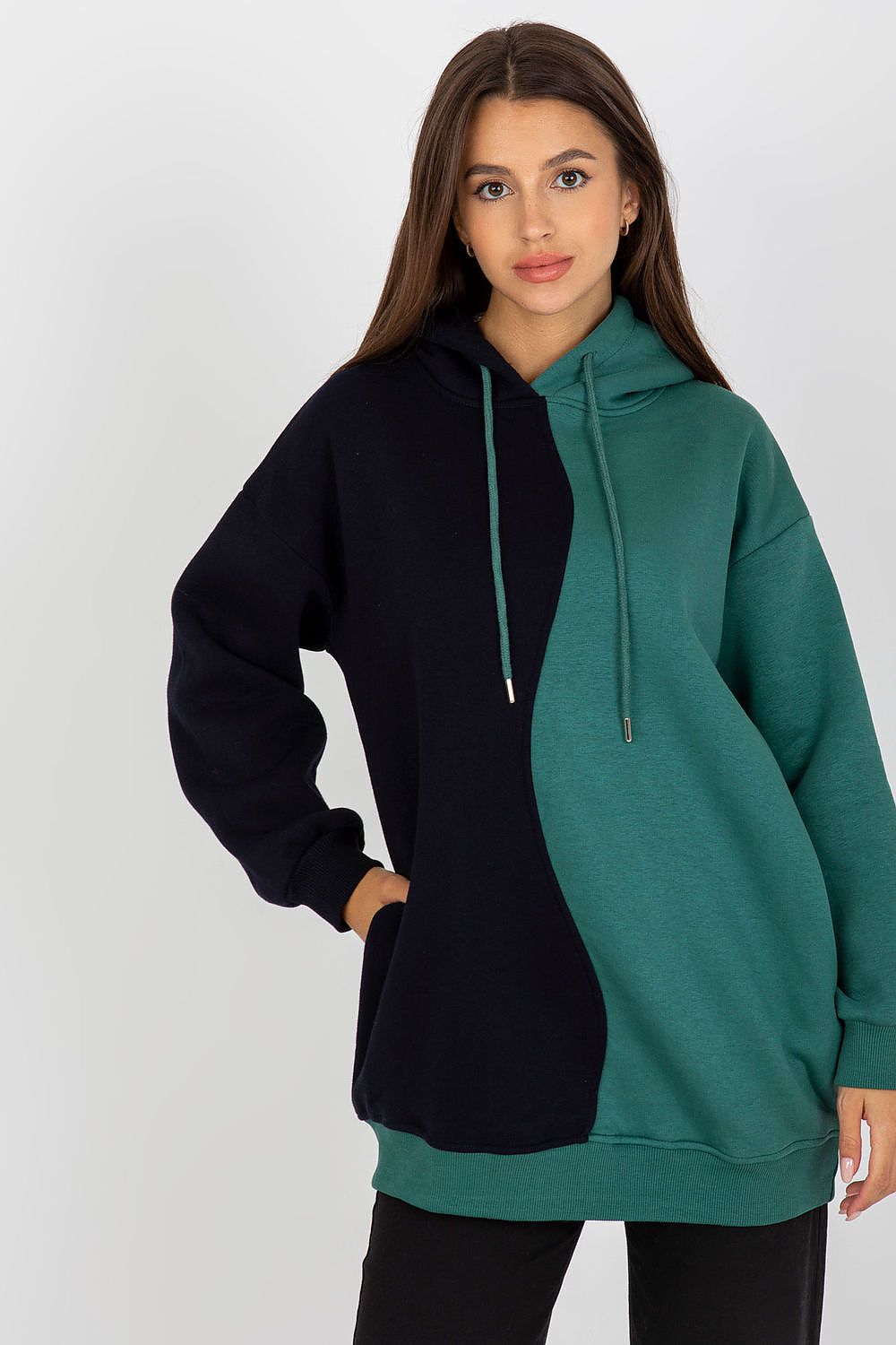 Luxurious Two-Colour Women's Hoodie Sweatshirt by Rue Paris, featuring a stylish two-tone design with slip pockets, perfect for chic comfort.