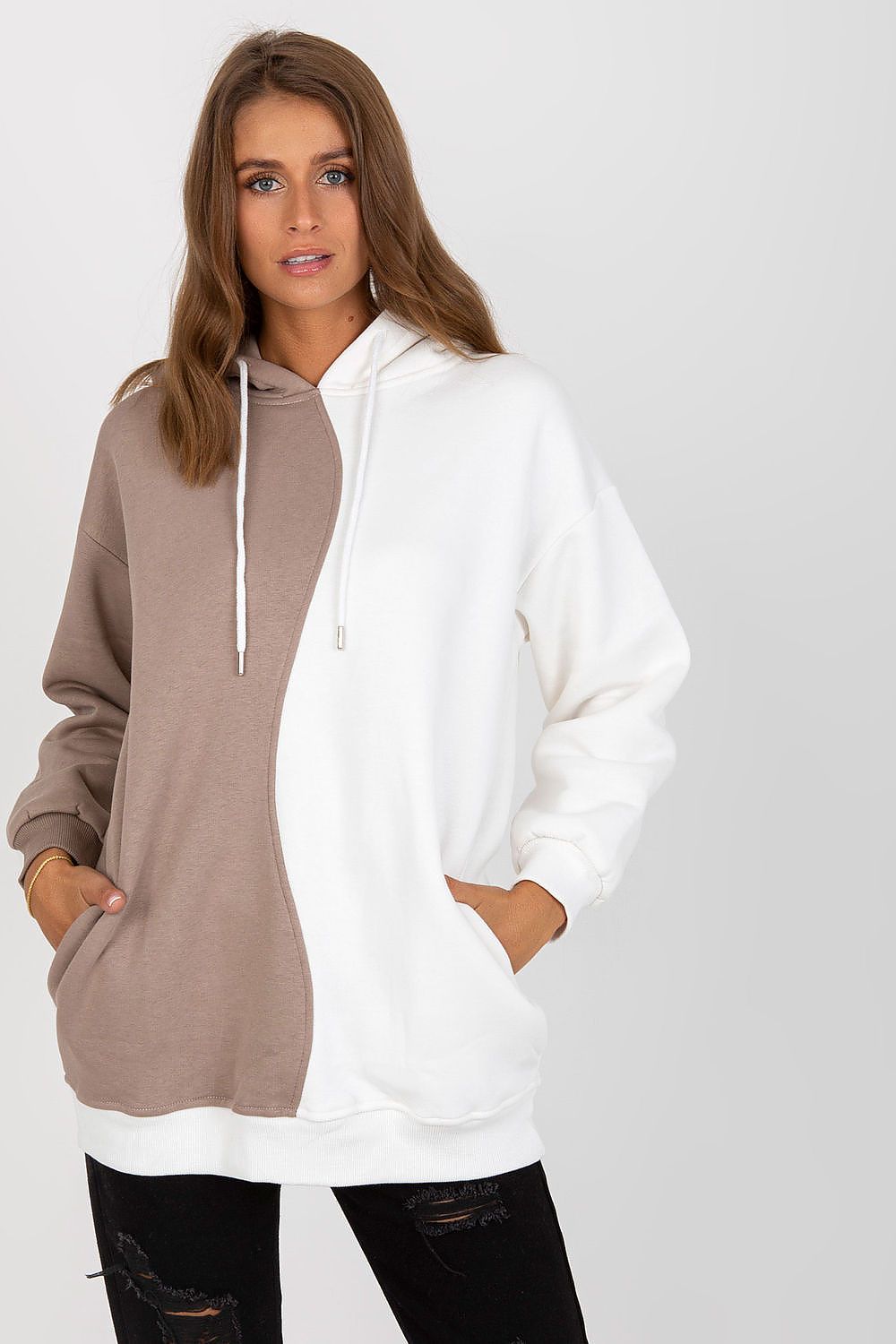 Luxurious Two-Colour Women's Hoodie Sweatshirt by Rue Paris with Slip Pockets, showcasing a chic two-tone brown and white design, paired with sophisticated styling.