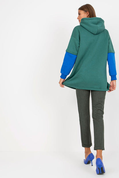 Luxury Women's Rue Paris Cotton Blend Sweatshirt with Hood, Extended Cut and Long Sleeves, showcasing the stylish back view in green and blue.