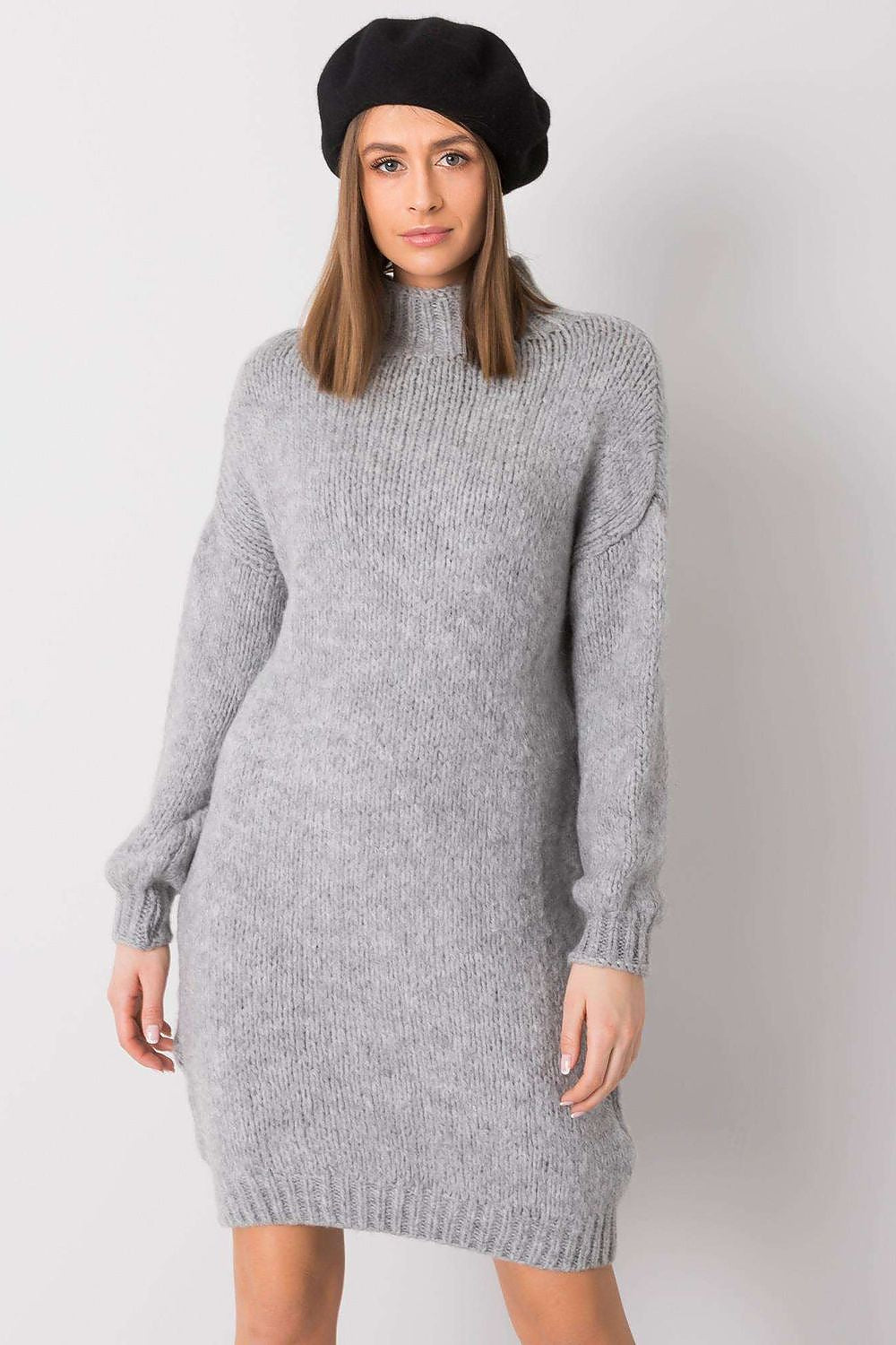 Elegant Rue Paris Sweater Dress with Long Sleeves and Half Turtleneck - Versatile Style for Any Occasion, showcased in a soft grey knit, perfect for sophisticated and stylish outings.