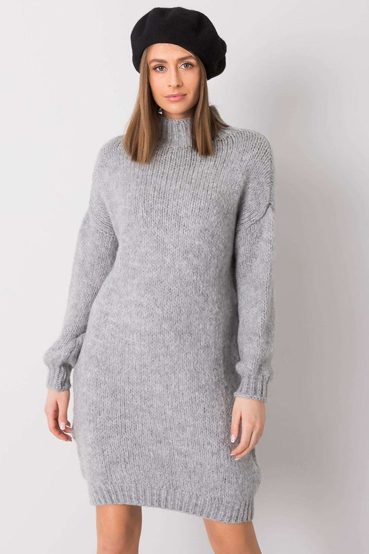 Elegant Rue Paris Sweater Dress with Long Sleeves and Half Turtleneck - Versatile Style for Any Occasion, showcased in a soft grey knit, perfect for sophisticated and stylish outings.
