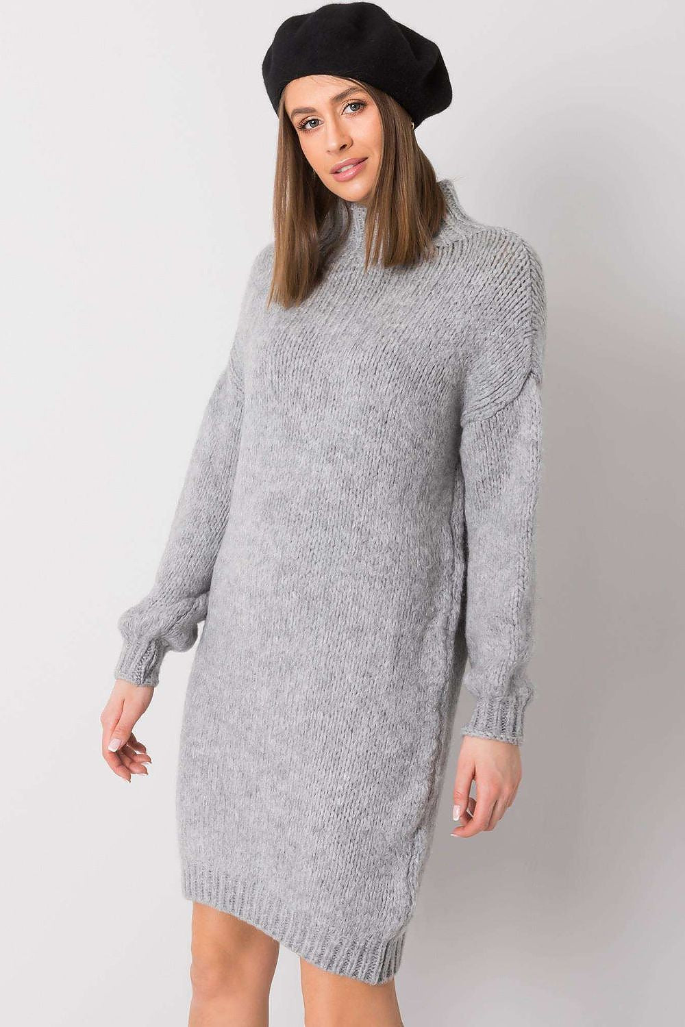 Elegant Rue Paris Sweater Dress with Long Sleeves and Half Turtleneck showcased by a model wearing a black beret, perfect for versatile style for any occasion.