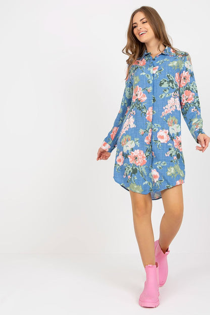 Floral variant of the Elegant Long-Sleeved Button-Down Shirt Dress by Rue Paris, adorned with vibrant flower prints for a fresh, luxurious look.