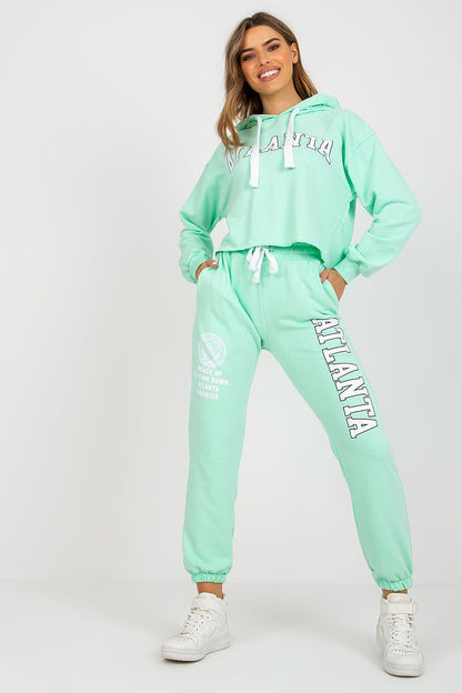 Luxury Ex Moda Sweatshirt Set With Hooded Long Sleeve Top And High Waist Pants, featuring model in mint green set with a cropped hooded sweatshirt and high waist pants.
