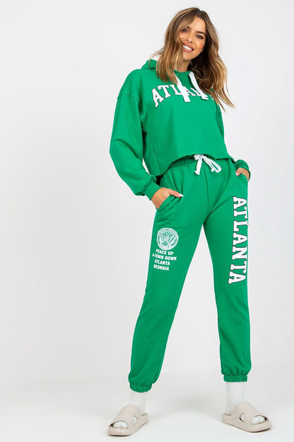 Luxury Ex Moda Sweatshirt Set With Hooded Long Sleeve Top And High Waist Pants in vibrant green, worn by a cheerful model, highlighting the casual yet chic ensemble with a stylish fit.