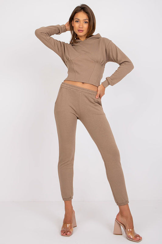 Luxury Ex Moda Cotton-Blend Sweatshirt Set with Corset Insert & Elastic Waist Pants, featuring a model showcasing the cropped sweatshirt with hood and fitted elastic waist pants in a chic beige colour.