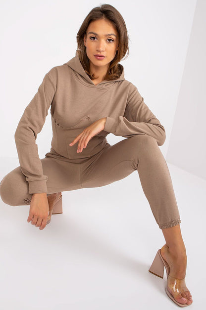 Luxury Ex Moda Cotton-Blend Sweatshirt Set with Corset Insert & Elastic Waist Pants, featuring a model in a stylish pose, showcasing the sweatshirt set in a sophisticated beige tone.