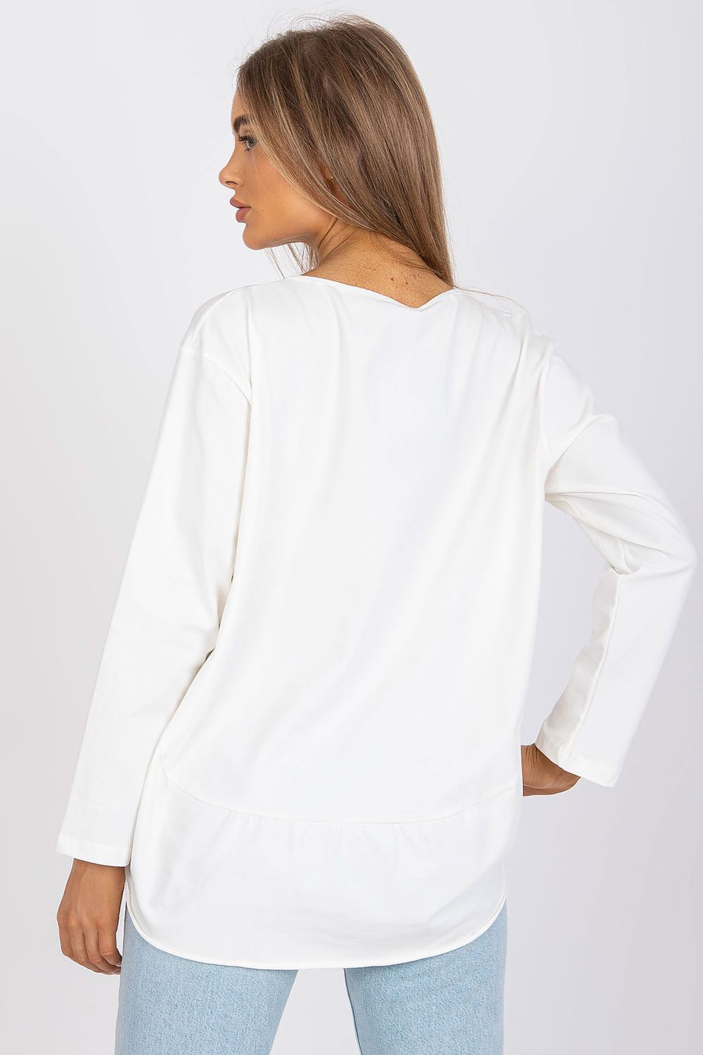 Elegant Ex Moda Women's Loose-Fit Blouse with Long Sleeves and Round Neckline in Cotton Blend, showcasing the back view with a modern half-round bottom for a sophisticated look.