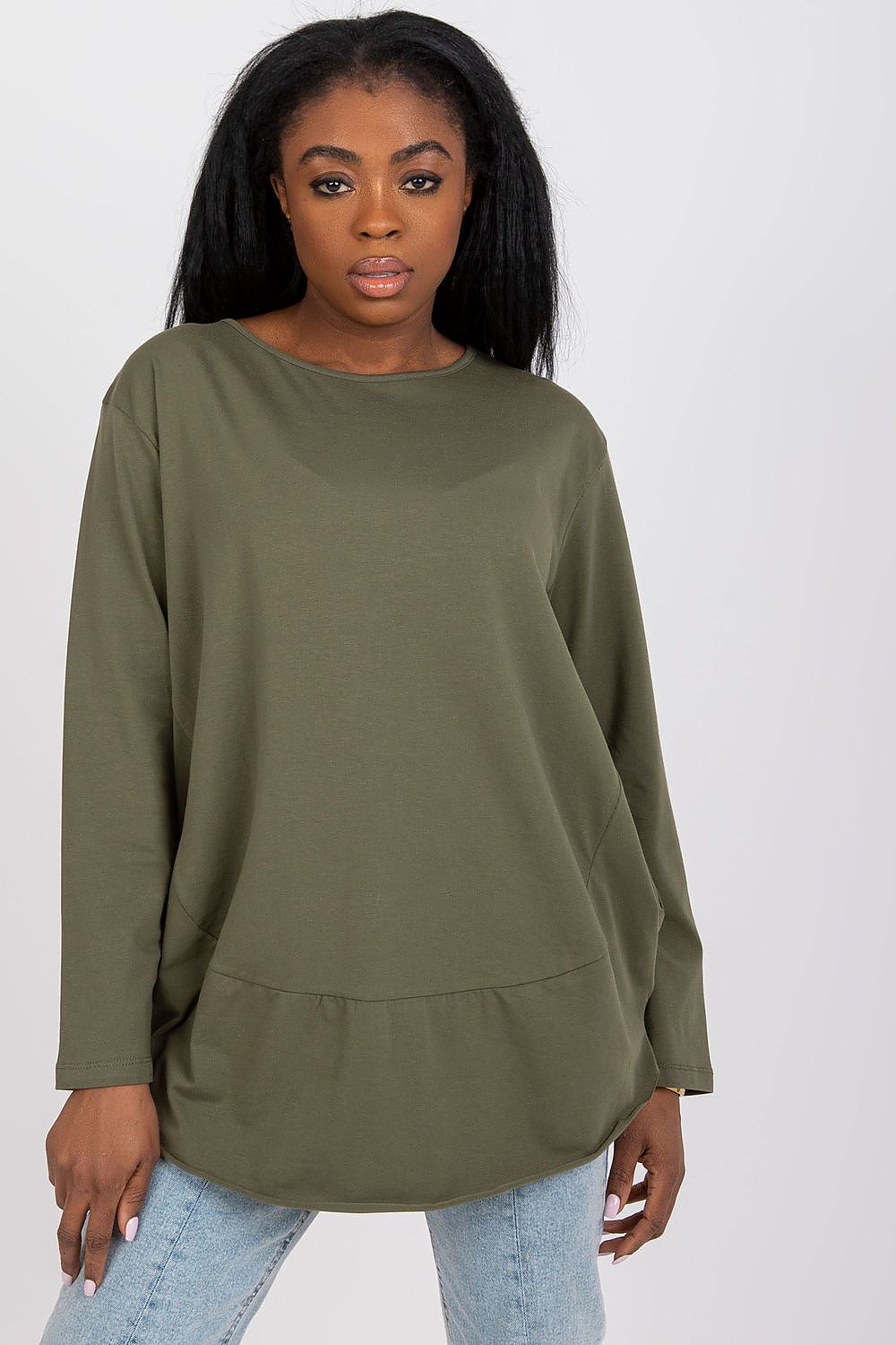 Elegant Ex Moda Women's Loose-Fit Blouse with Long Sleeves and Round Neckline in Cotton Blend, displayed in an alluring olive green colour, perfect for fashionable layering.