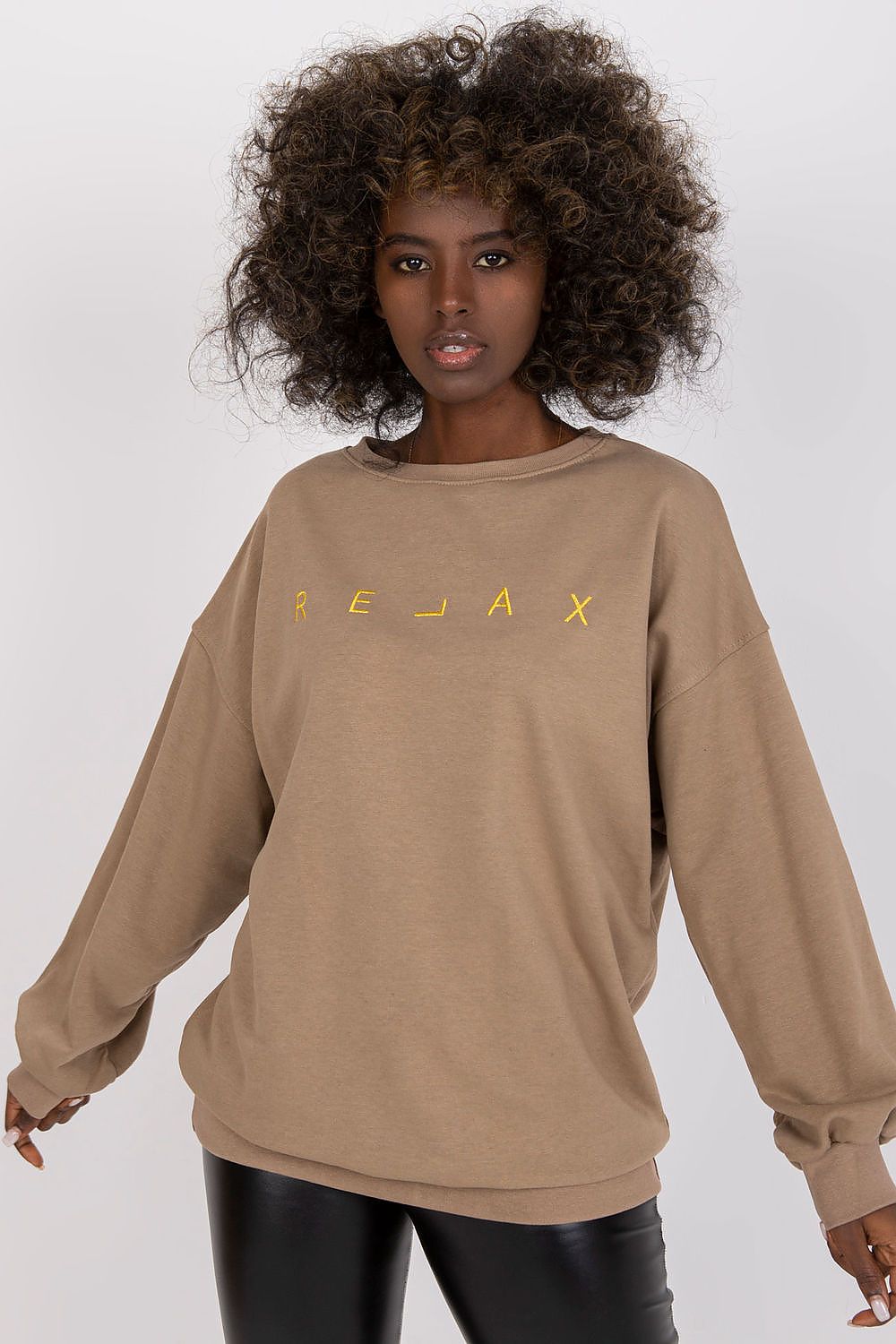 Sophisticated take on Ex Moda Women's Long Sleeve Blouse, featuring round neckline and dynamic decorative embroidery, presented in a fashionable tan colour, showcasing luxury leisurewear.