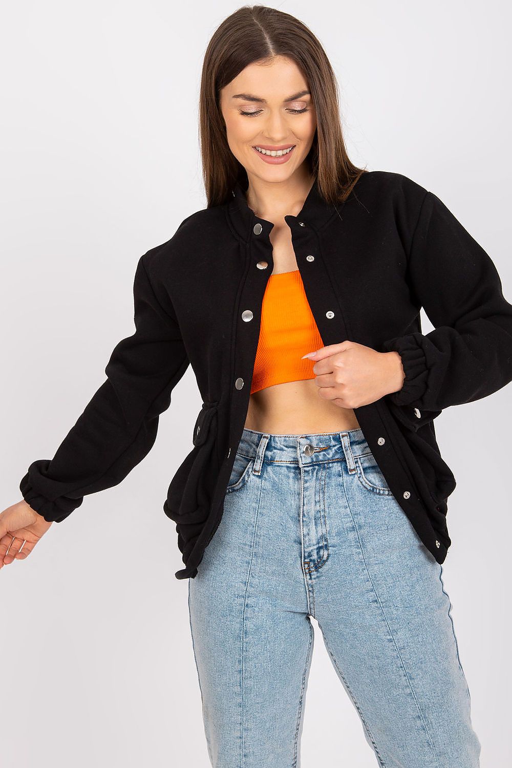 Elegant Ex Moda Women's Long Sleeve Hooded Sweatshirt with Snap Fastening and Pockets, styled with casual chic denim, perfect for a luxurious wardrobe.