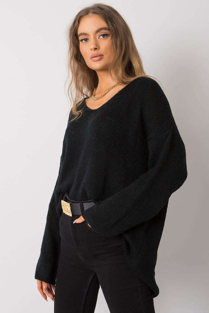 Sophisticated Women's Och Bella Sweater with heart neckline and long sleeves, displayed in black with a stylish asymmetrical design for a luxurious finish.