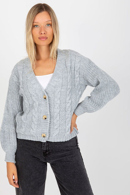 Elegant Women's Long Sleeve Buttoned Cardigan By Och Bella - Soft Acrylic & Spandex Blend, showcased on a model with soft grey yarn and stylish cable knit design.