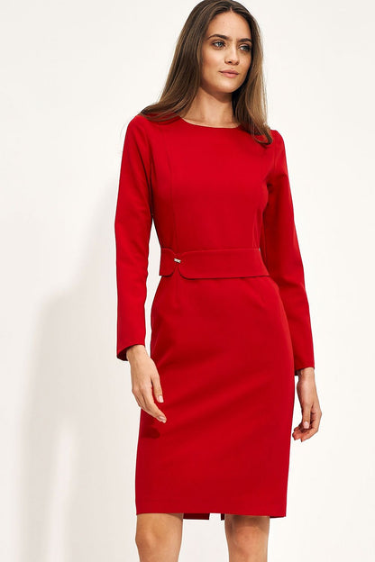 Elegant Red Pencil Dress with Long Sleeves and Waist Embellishment by Nife, showcasing a woman wearing the sophisticated garment in a stylish pose.