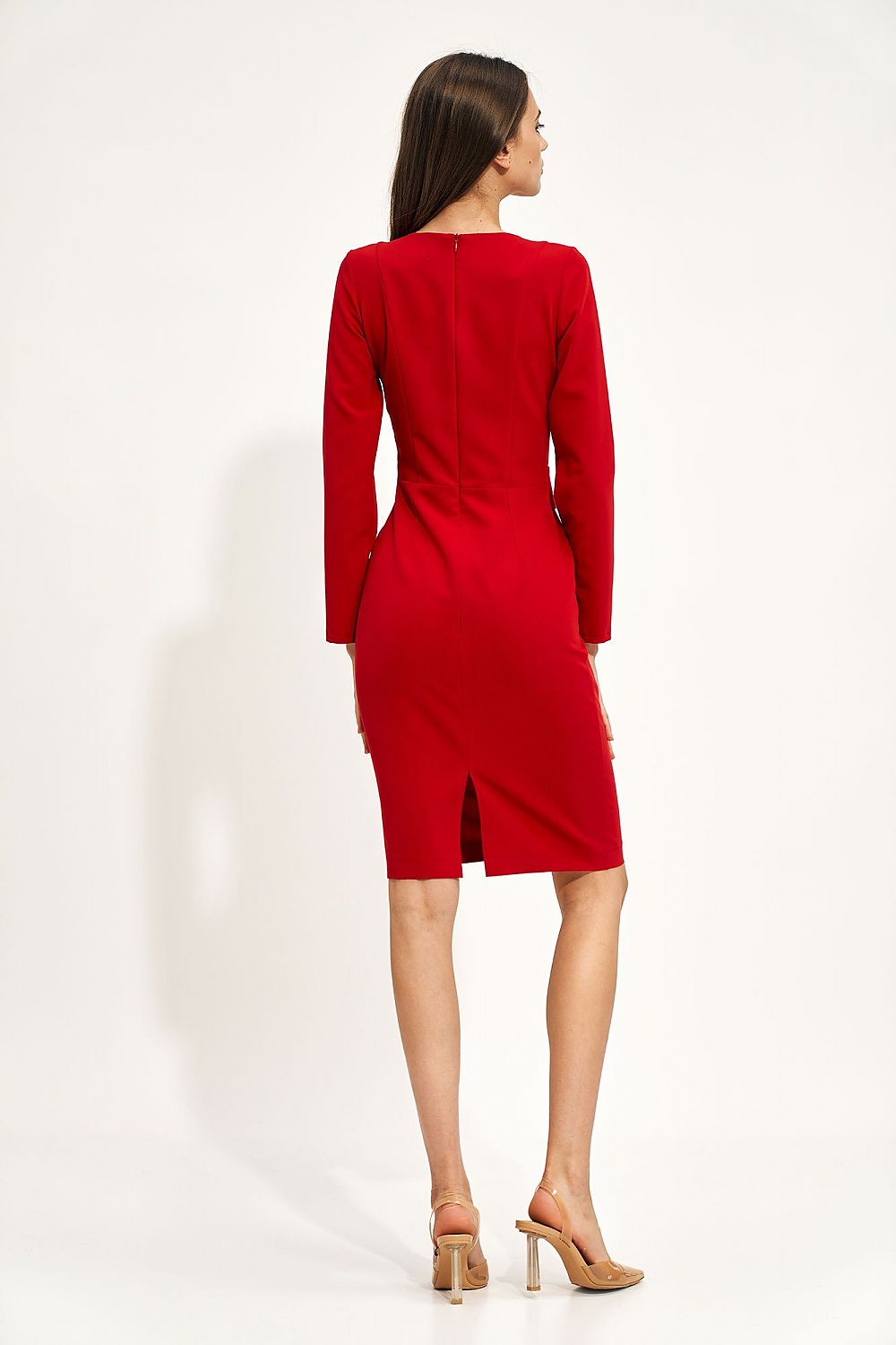 Elegant Red Pencil Dress with Long Sleeves and Waist Embellishment by Nife, depicting the back view of the dress with a flattering fit and elegant design.