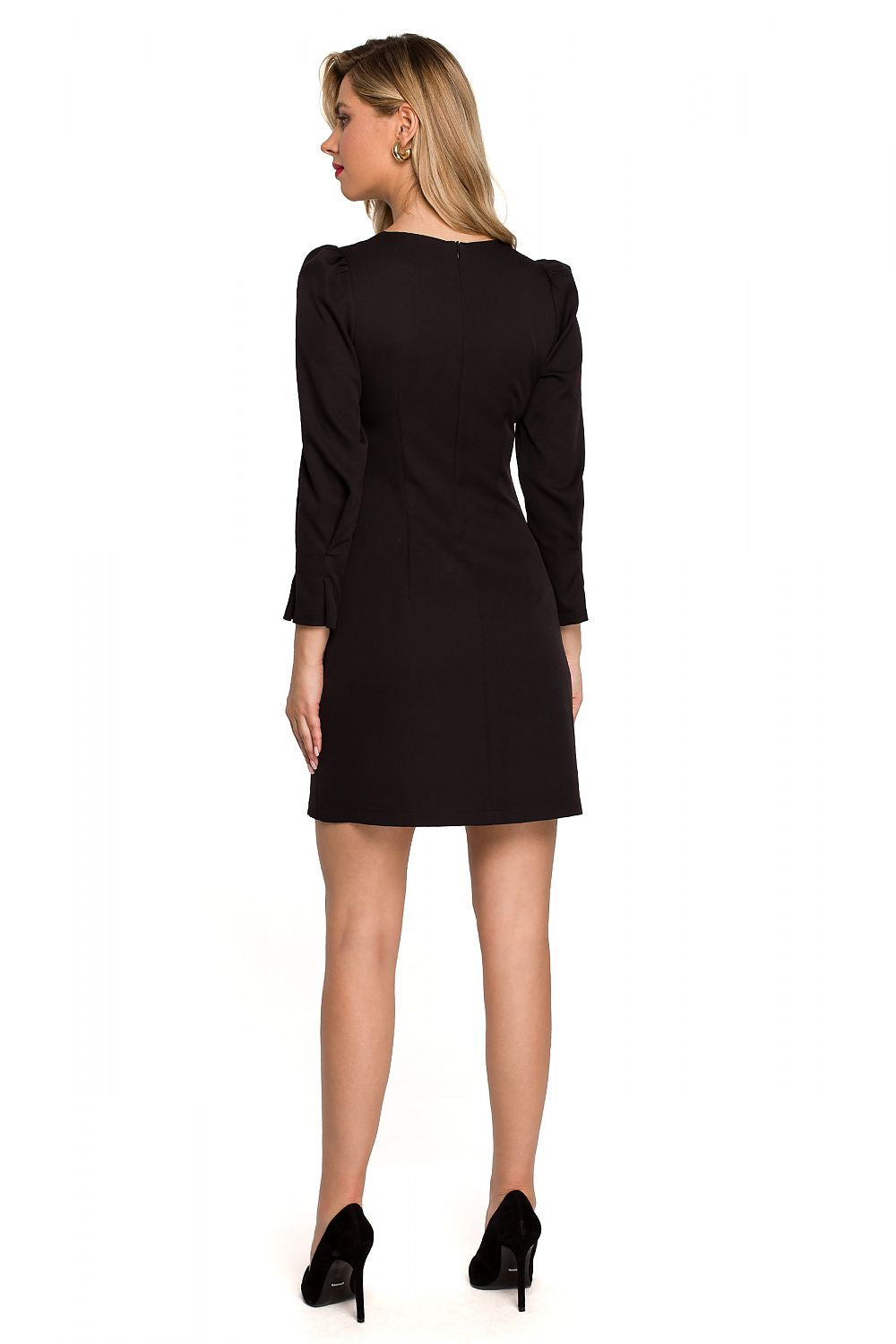 Back view of the Timeless Mini Dress with Patch Details and Elegant Pleats by Makover, highlighting the sleek silhouette and delicate zipper closure for a luxurious look.