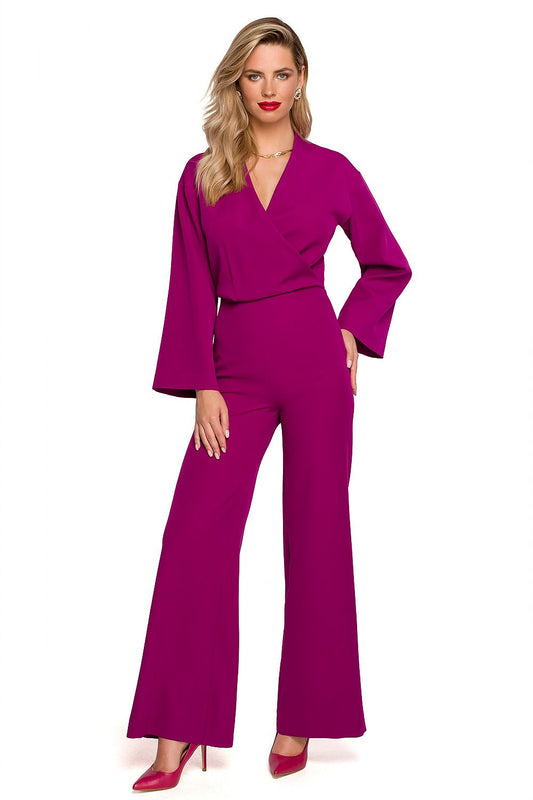 Elegant Flared Sleeve Jumpsuit with Covered Zipper in vibrant magenta, showcasing a flattering overlap neckline and flared sleeves, perfect for special occasions.