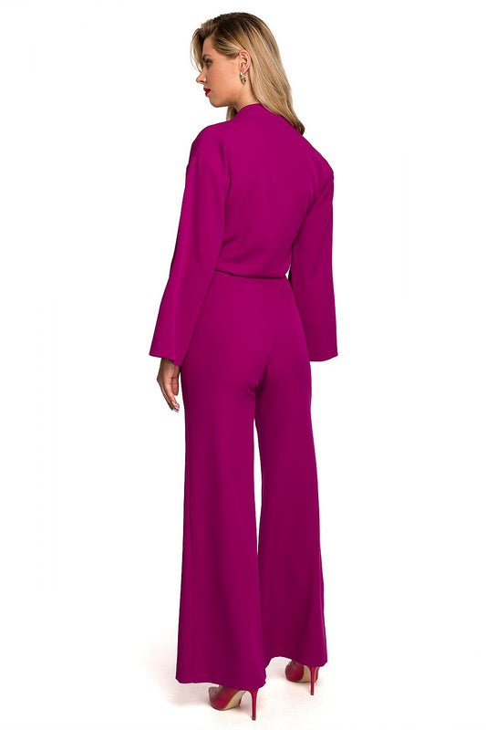 Sophisticated back view of the Elegant Flared Sleeve Jumpsuit with Covered Zipper, featuring wide legs and an alluring silhouette, ideal for upscale events.