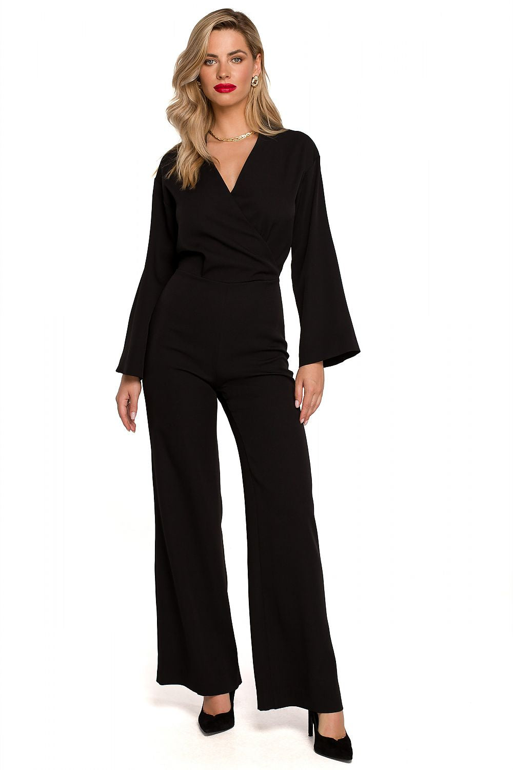 Chic black Elegant Flared Sleeve Jumpsuit with Covered Zipper, designed with an elegant overlap neckline and flared sleeves, perfect for special occasions.