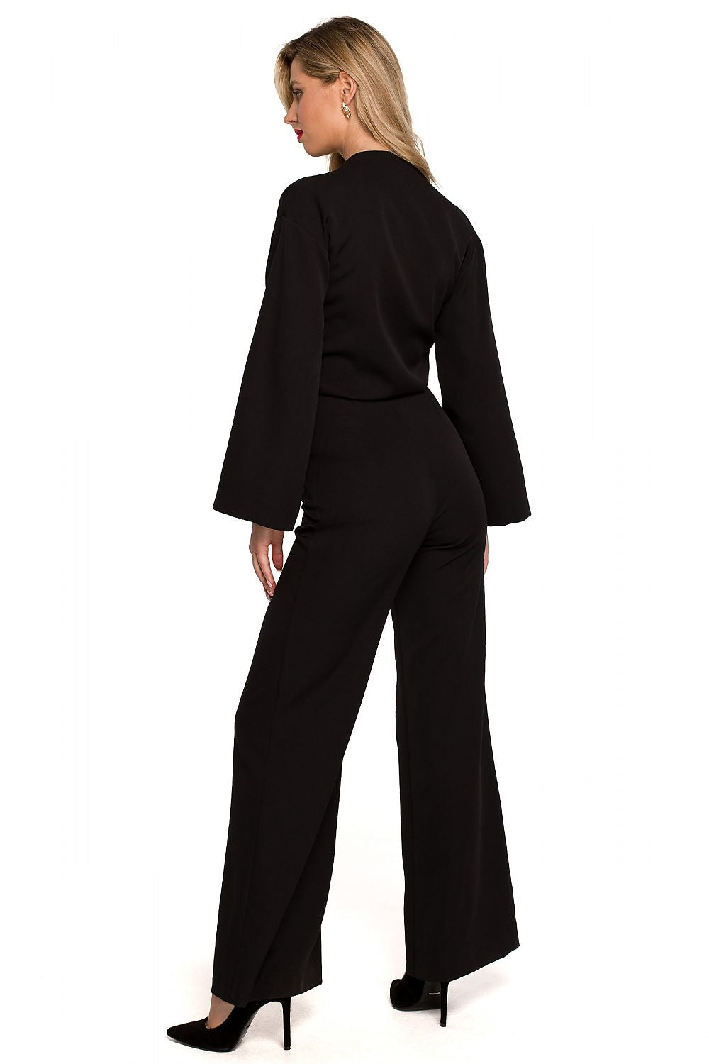 Stylish back view of the Elegant Flared Sleeve Jumpsuit with Covered Zipper in classic black, showcasing its luxurious wide leg design, ideal for formal events.