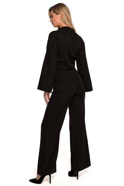 Stylish back view of the Elegant Flared Sleeve Jumpsuit with Covered Zipper in classic black, showcasing its luxurious wide leg design, ideal for formal events.