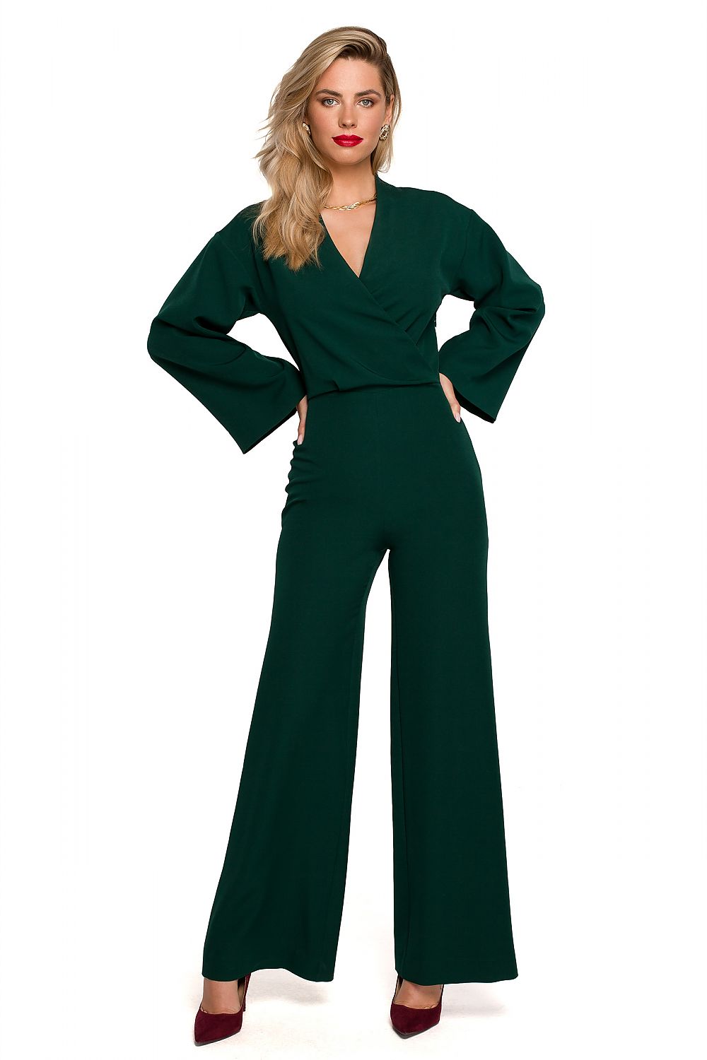 Elegant Flared Sleeve Jumpsuit with Covered Zipper in deep green, displaying a stylish overlap neckline and wide legs, perfect for special occasions.