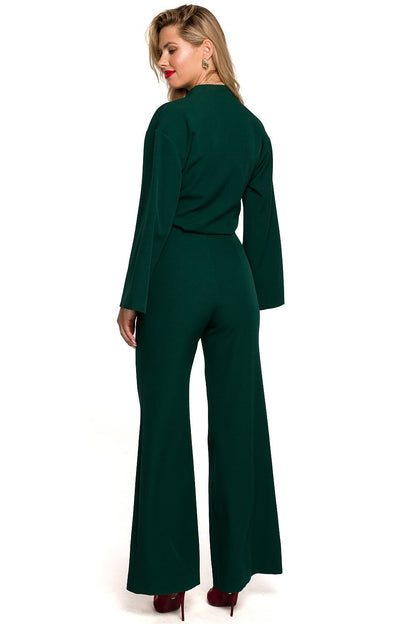 Back view of the Elegant Flared Sleeve Jumpsuit with Covered Zipper in deep green, showcasing flattering fit and elegant design ideal for special occasions.