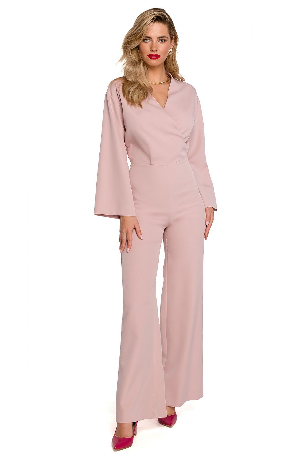 Elegant Flared Sleeve Jumpsuit with Covered Zipper in soft pink, featuring a feminine overlap neckline and wide legs, an exquisite choice for special occasions.
