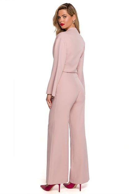Back view of the Elegant Flared Sleeve Jumpsuit with Covered Zipper in soft pink, highlighting its elegant silhouette and sophisticated design for special occasions.