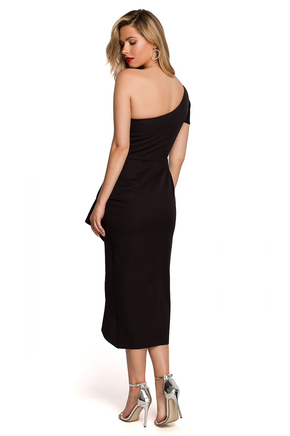 Elegant One Shoulder Makover Cocktail Dress with Overlap Design for Special Occasions, displaying a chic black back view.