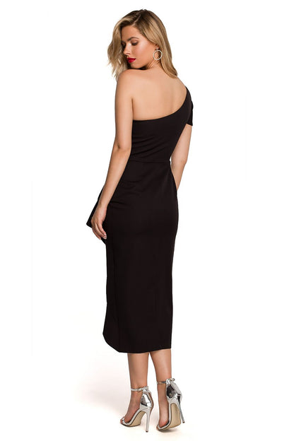 Elegant One Shoulder Makover Cocktail Dress with Overlap Design for Special Occasions, displaying a chic black back view.