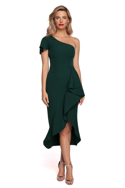 Elegant One Shoulder Makover Cocktail Dress with Overlap Design for Special Occasions, presented in a luxurious green front view.
