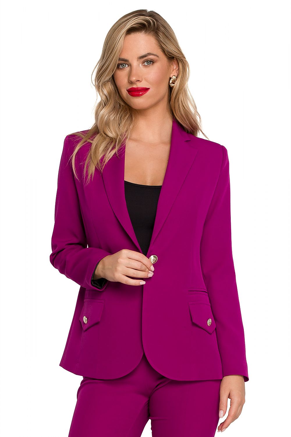 Elegant Makover Jacket with Metal Decorative Buttons – Perfect Cut and Fully Lined Design modeled by a stylish woman, showcasing a vibrant magenta colour and sophisticated details.