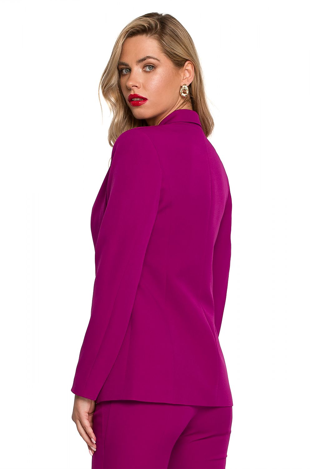 Elegant Makover Jacket with Metal Decorative Buttons – Perfect Cut and Fully Lined Design, featuring the stylish back view of a model, accentuating the jacket's impeccable design and vibrant colour.