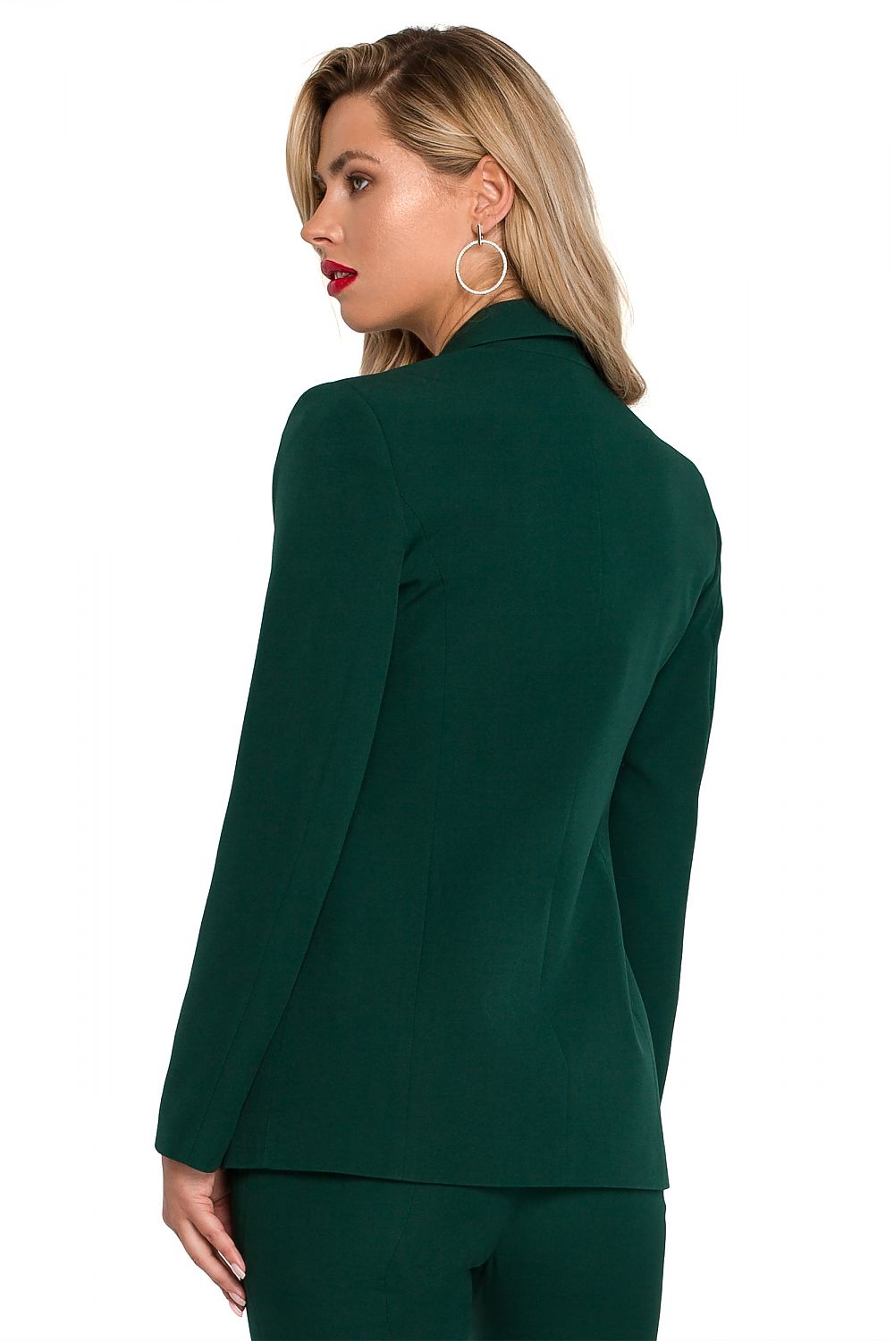 Elegant Makover Jacket with Metal Decorative Buttons – Perfect Cut and Fully Lined Design model displaying the back of a green jacket, accentuating the luxe design and fit.