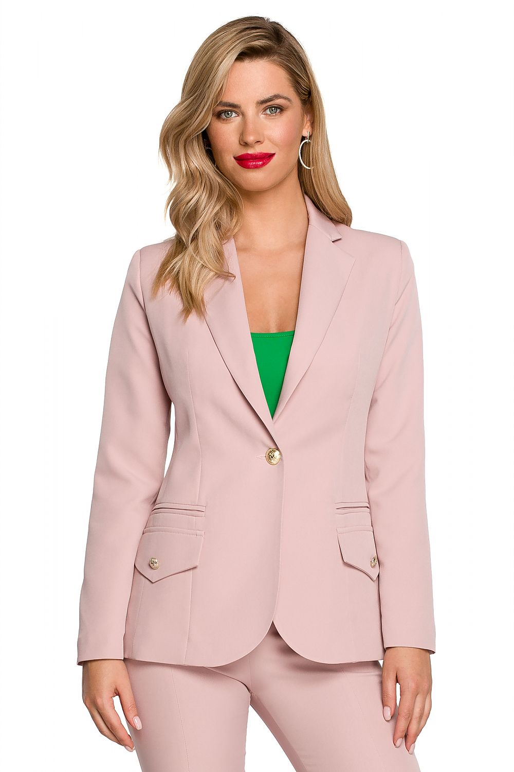 Elegant Makover Jacket with Metal Decorative Buttons, displayed on a model featuring a perfect cut and fully lined design, in a soft pink colour.