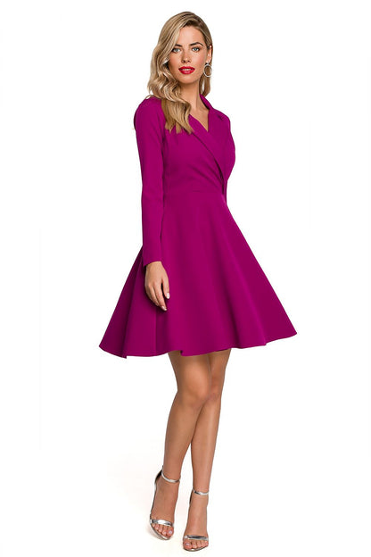Elegant Flared Evening Dress With Envelope Neckline by Makover displayed in a striking magenta colour, perfect for any occasion, showcasing a flattering silhouette with long sleeves and a flared skirt.