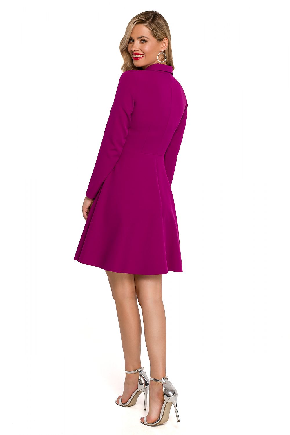 Back view of the Elegant Flared Evening Dress With Envelope Neckline by Makover in a vibrant magenta shade, highlighting the dress's fitted bodice and elegant styling features, perfect for any occasion.