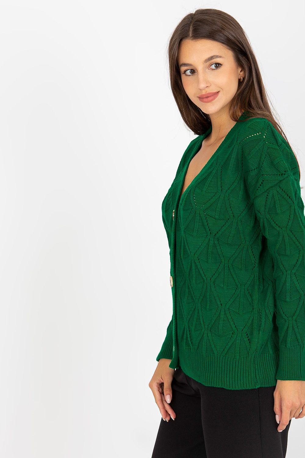 Luxurious Women's Button-Down Cardigan Sweater by Rue Paris with Openwork Pattern, displaying the stylish side view of a model wearing the chic green cardigan.