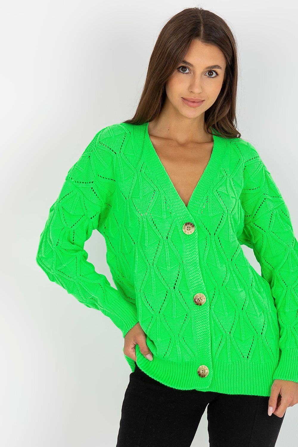 Luxurious Women's Button-Down Cardigan Sweater by Rue Paris with Openwork Pattern, featuring a model in a stunning neon green sweater, highlighting the intricate openwork design and buttons.