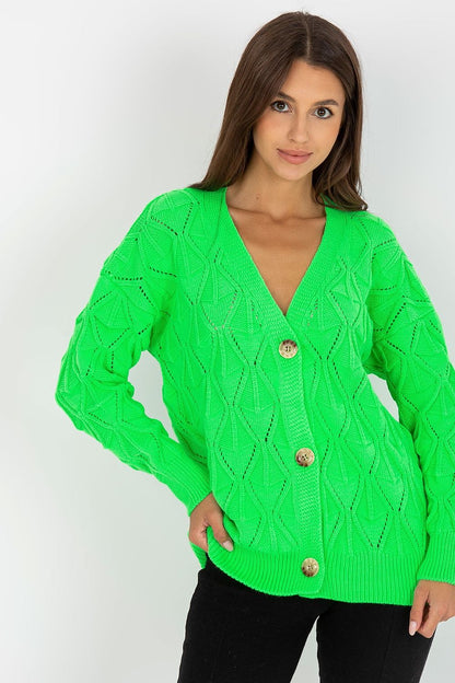 Luxurious Women's Button-Down Cardigan Sweater by Rue Paris with Openwork Pattern, featuring a model in a stunning neon green sweater, highlighting the intricate openwork design and buttons.