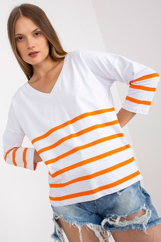 Elegant Rue Paris Blouse With 3/4 Sleeves And Heart Neckline, Colourful Stripe Design displayed on a model, featuring vibrant orange stripes on a white background.