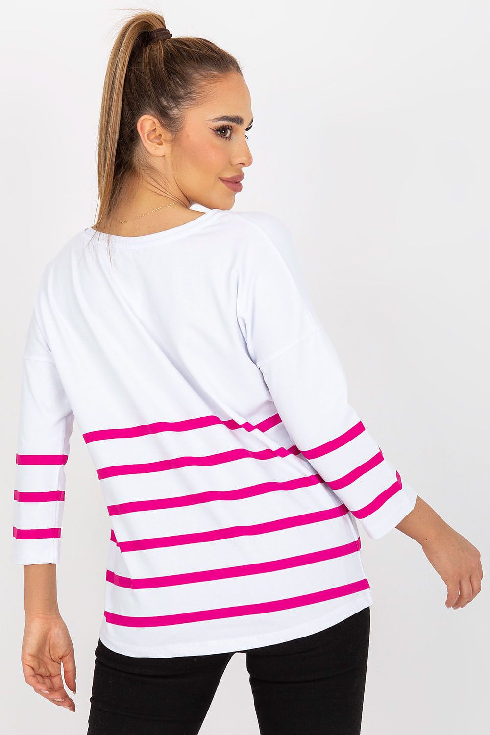 Elegant Rue Paris Blouse with 3/4 sleeves and heart neckline, demonstrating a captivating pink stripe design from the back, highlighting its stylish and contemporary silhouette.
