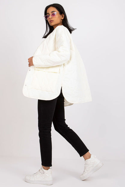 Chic Rue Paris Women's Quilted Transitional Jacket displayed, featuring a stylish white design with long sleeves and large pockets, perfect for transitional weather.