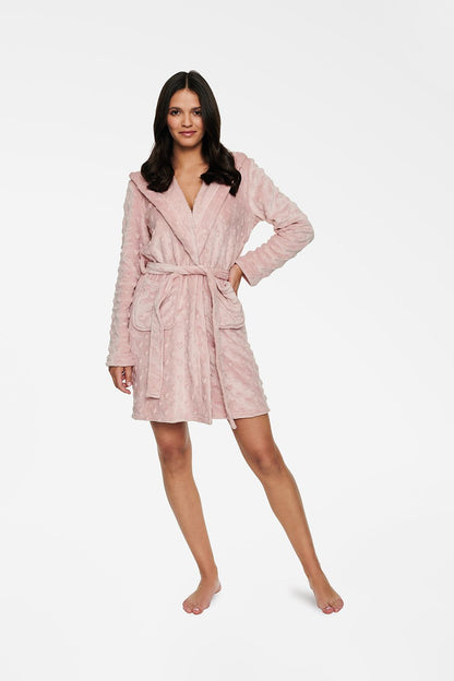Henderson Plush Bathrobe with Embossed Heart Motif and Adjustable Belt - A luxurious pink bathrobe showcasing its elegant design with long sleeves and a flattering fit, perfect for comfort and warmth during colder seasons.