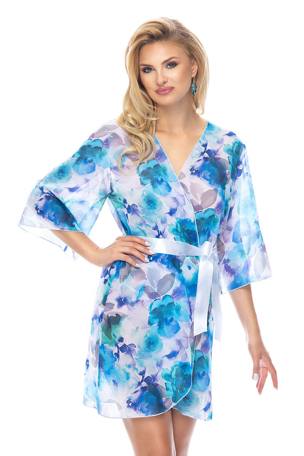 Luxury Irall Floral Chiffon Bathrobe with Satin Belt and 3/4 Sleeves - Women's Elegant Loungewear, featuring a beautiful floral design with a model showcasing the robe's elegant look.